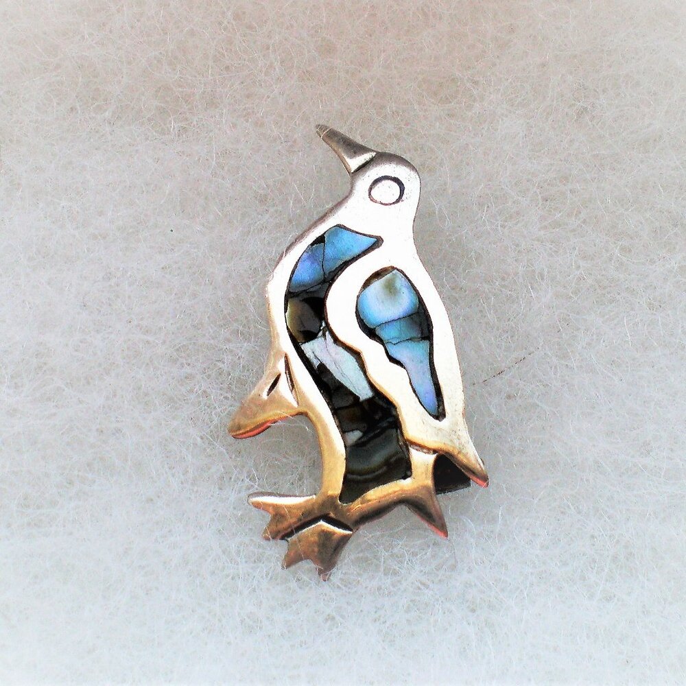 Vintage Taxco Mexico Sterling 925 Abalone Inlay Penguin Eagle 3 Mark Brooch Pin